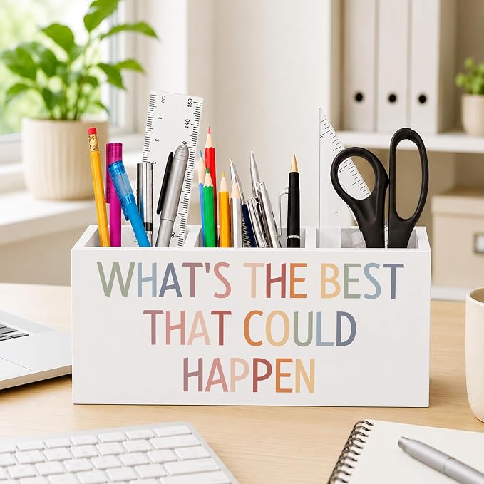 Motivational Boho Pen Holder for Desk, What's the Best That Could Happen Positive Affirmation Wooden Box Sign Desk Decor for Home Office Decoration, Inspirational Pencil Organizer