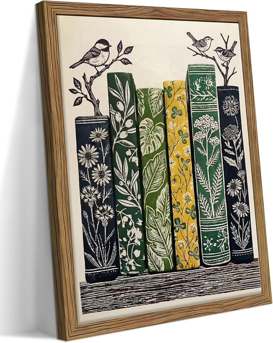 Framed Vintage Botanical Books Canvas Wall Art, Floral Books with Birds Poster Print, Retro Nature Library Reading Gift, Modern Literary Wall Decor for Study Living Room Office 8x10in