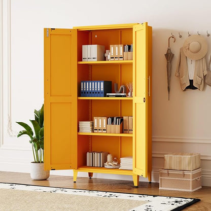 Metal Storage Cabinet with Lock,Yellow Steel Tool Cabinet with 3 Adjustable Shelves,61 Tall Freestanding Heavy Duty Garage Locker for Home Office Kitchen 61" H X 27.6" W X 13.8" D
