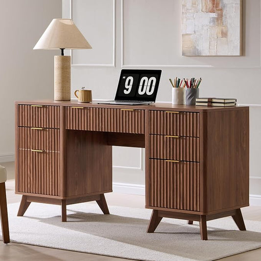 T4TREAM Fluted Executive Desk with Drawers, 60" Modern Home Office Computer Desk with Charging Station, File Cabinet, Keyboard Tray and Storage Cabinet for Study, Living Room, Bedroom, Light Walnut