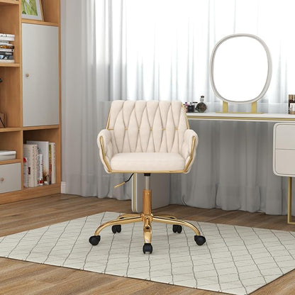 Velvet Home Office Chair, Modern Height-Adjustable Vanity Chair with Golden Base and Hand-Woven Backrest for Bedroom/Study/Vanity (Beige)