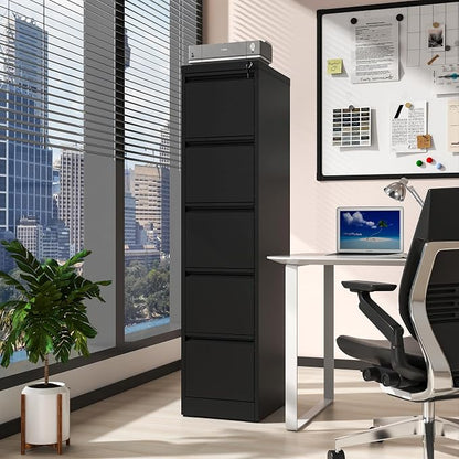 AQY 5 Drawer File Cabinet with Lock, Metal Black Filing Cabinets for Home Office, 18" Deep Heavy Duty Vertical Storage Cabinet for Hanging A4/Letter/Legal Size Files, Assembly Require