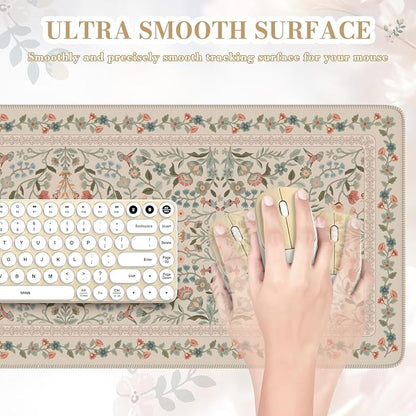 iCasso Aesthetic Floral Desk Mat, L Mouse Pads, Anti-Slip Mousepad with Stitched Edges, Waterproof Computer Pad 11.8"x31.5", Desk Accessories Office Decor for Women(Beige)