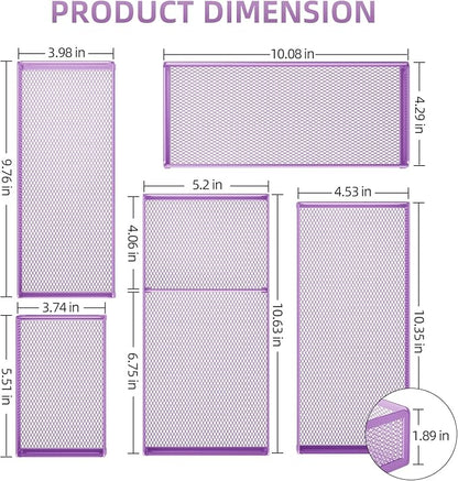 Marbrasse 5 Pack Desk Drawer Organizer Set, Mesh Drawer Storage Trays with 1 Adjustable Divider, Desk Organizers and Accessories, 5 PCS Drawer for Office Supplies, Makeup & Vanity (Purple)