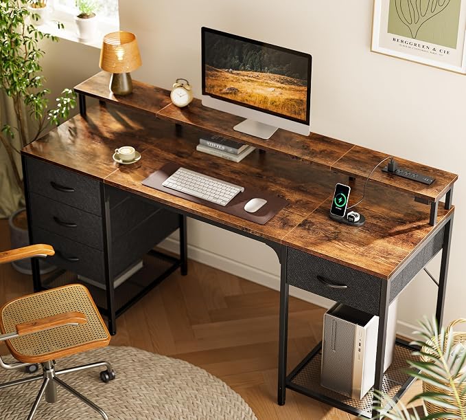 Huuger 63 inch Computer Desk with 4 Drawers, Gaming Desk with LED Lights & Power Outlets, Home Office Desk with Large Storage Space for Bedroom, Work from Home, Rustic Brown