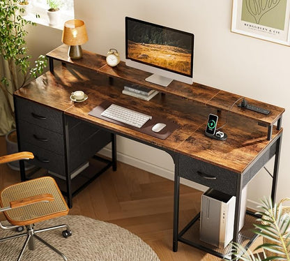 Huuger 63 inch Computer Desk with 4 Drawers, Gaming Desk with LED Lights & Power Outlets, Home Office Desk with Large Storage Space for Bedroom, Work from Home, Rustic Brown