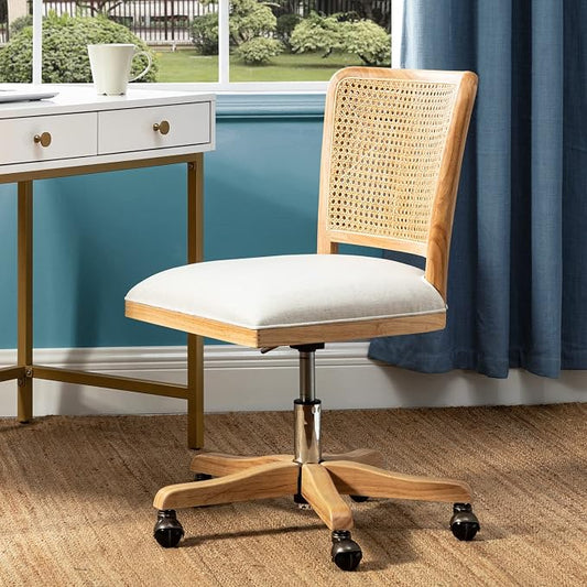 Modern Home Office Chair Comfortable Upholstered Armless Desk Chair, Adjustable Swivel Rolling Computer Chair with Rattan Mid-Back Support, Linen