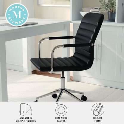 Martha Stewart Taytum Swivel Task Chair with Armrests for Home Office in Black Faux Leather with Polished Nickel Frame
