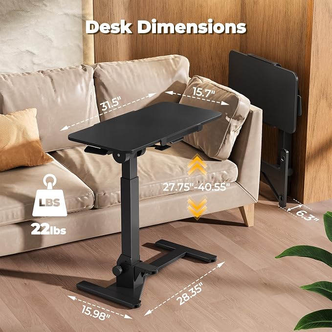 JOY worker Foldable Overbed Bedside Table, 180° Tiltable Mobile Standing Desk with Wheels, 31.5" Pneumatic Height Adjustable Rolling Laptop Desk for Home & Hospital Use, Easy Storage, Black