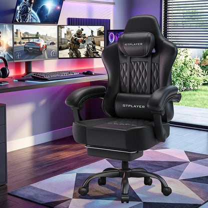 GTPLAYER Gaming Chair, Computer Office Chair with Pocket Spring Cushion, Linkage Armrests, Comfortable Leather Computer Chair, Black