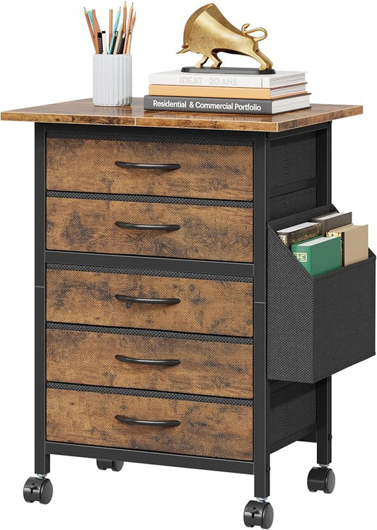 HIGDBFE 5 Fabric Drawers File Cabinet with Side Pocket, Rolling Printer Stand with Storage for Home Office, Wood Top Storage Cabinet Office Storage for Documents and Crafts, Rustic Brown, 15" D