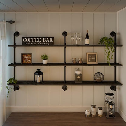 HDDFER Floating Shelves 70 inch Wall Bookshelf Industrial Pipe Shelving Shelves Real Wood Planks Rustic Wall Shelves Hanging Bookshelves Farmhouse Kitchen Bar Shelving