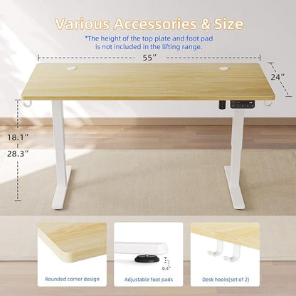 YIHAYO Low Height Adjustable Desk, Lifts 18.1-28.3 Inches, Electric Standing Desk for Short People, 55 x 24 Inches Computer Table with Splice Board for Home Office, Natural