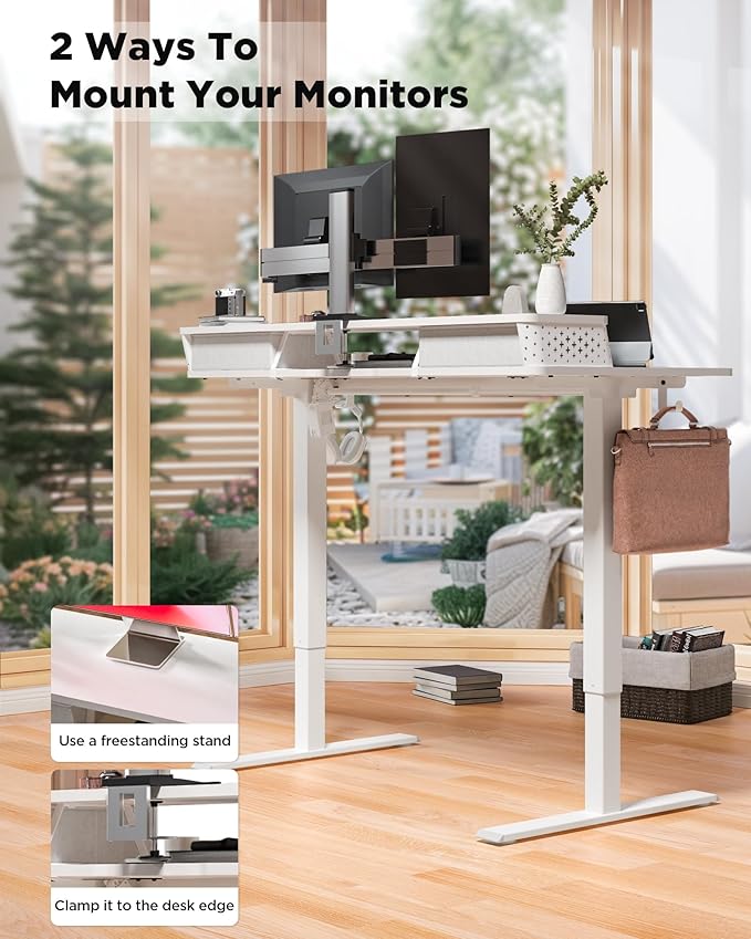 FiCiHi 40x24 Inch Standing Desk with Drawers, C-Clamp Mount Compatible, Electric Adjustable Height Computer Small Stand Up Desks, Home Office Sit Stand Table with 3 Preset Heights, White