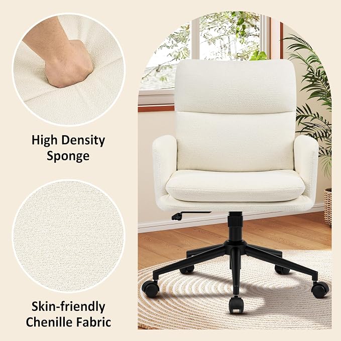 Comfortable Home Office Chair, Upholstered Desk Chair with Double-Layer Cushioning, Adjustable Height Swivel Task Chair with Padded Armrests, Rolling Wheels and Metal Base, Ivory White