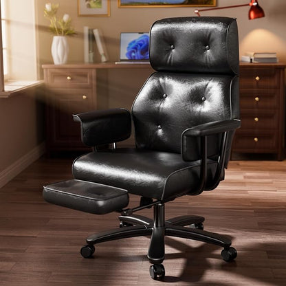 SeekFancy Reclining Criss Cross Office Chair with Wheels & Arms, Black | Button-tufted PU leather; retractable footrest; 400 lbs capacity; 10% thickened wide cushion; retro executive design.