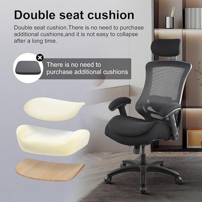 BOLISS Ergonomic Tall Office Chair with Double-Layer Seat Cushion, Desk Chair Adjustable Headrest, Adjustable Lumbar Support, Height Adjustable Flip-Up Arms
