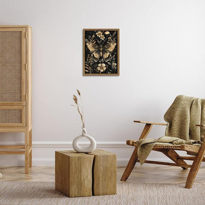 Vintage Moth Canvas Wall Art, Dark Academia Gothic Decor, Insect Botanical Painting, Enchanted Moth Flowers Picture Print, Nature Wall Decor for Living Room Bedroom 16x24 inch Wood Framed