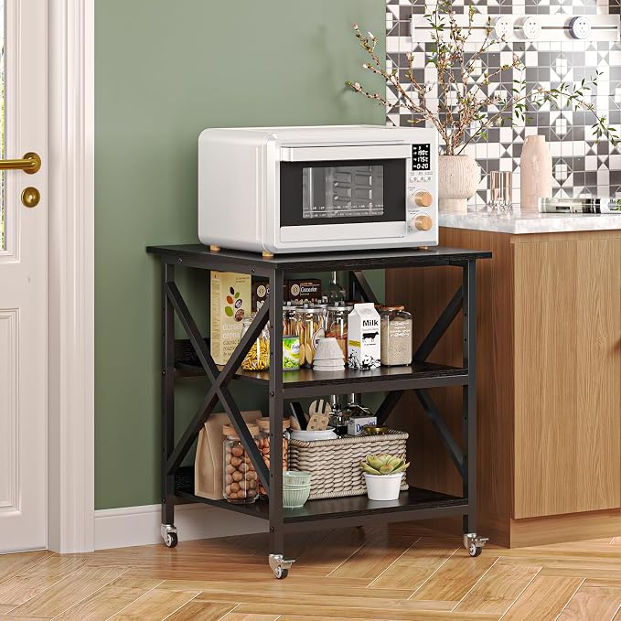 VENNQD 23.6 x 23.6 x 30.3 Inches Printer Stand, Large Printer Table with Adjustable Middle Shelf, Rolling Printer Cart with Wheels, 3 Tier Printer Table for Home Office Living Room Scanner Fax, Black