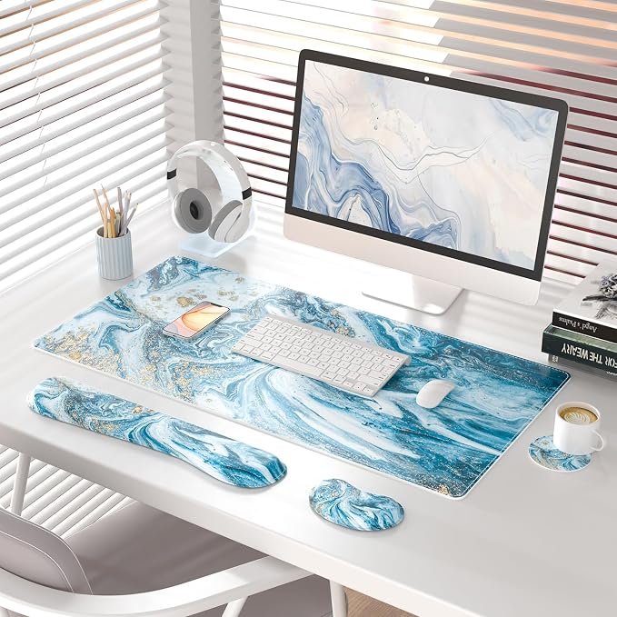 QIYI Leather Desk Mat Set, 4-in-1 Large Mouse Pad with Ergonomic Wrist Rest, Waterproof Desk Pad + Keyboard Wrist Rest + Mouse Wrist Support + Coaster, Non-Slip Office Gaming Accessories, Blue Marble