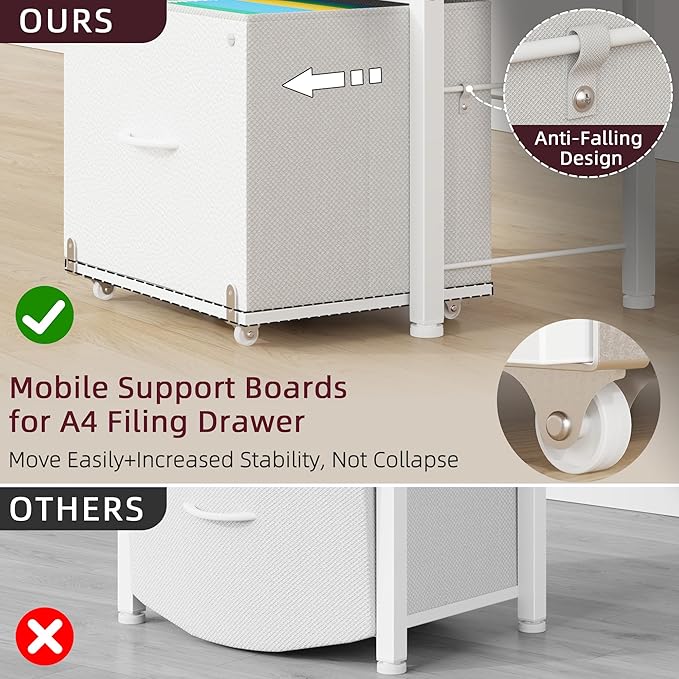 HIGDBFE 2-Drawer File Cabinet with Printer Stand & Dual Shelves, White | 2-Tier Printer Storage, Letter File Drawer, Reversible Side Bag, Smooth Drawer Slides, Rolling Support Board