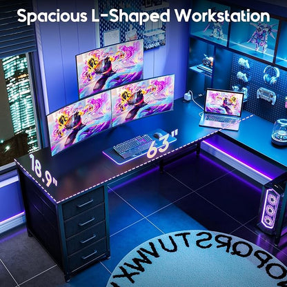 AODK 63" L Shaped Gaming Desk with Hutch, Pegboard & Shelves, L Shaped Desk with 4 Drawers, Integrated LED Light Strip & Power Outlets, Reversible PC Gaming Computer Desk, Black