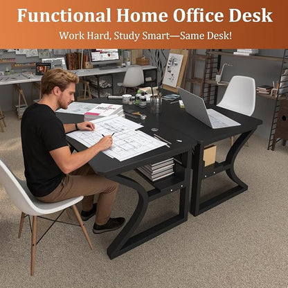 47 inch Computer Desk, Home Office Desk with Storage Shelf, Sturdy U-Shaped Metal Frame Study Table with Cable Management, Gaming Desk for Office & Bedroom (Black, 47inch)