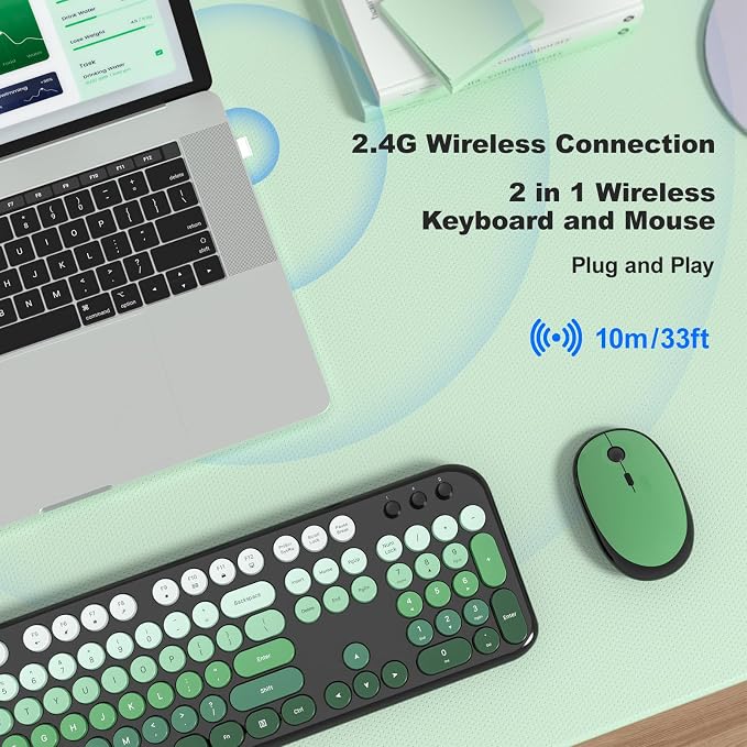 MOFII Wireless Keyboard and Mouse Combo,2.4G Typewriter Keyboard Quiet Mice | Retro Full Size Computer Keyboards,Cute Mouse, USB Dongle Plug and Play, for PC,Laptop,Desktop,Windows (Black Green Gradient)