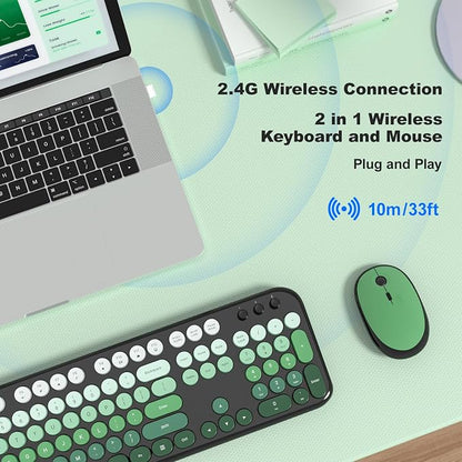 MOFII Wireless Keyboard and Mouse Combo, Full Size 2.4G Retro Round Computer Keyboard and Mouse Set, Plug and Play, for Windows, Computer, Desktop, PC, Notebook - (Green Gradient)