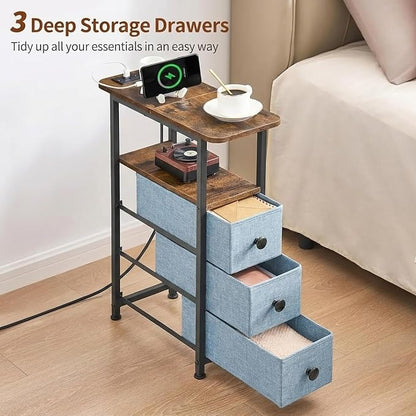 DALEMHOME Narrow End Table with Charging Station, Narrow Side Table with Drawer, Small Nightstand with LED Light, Skinny Nightstand, Small Bedside Table for Living Room, Grey