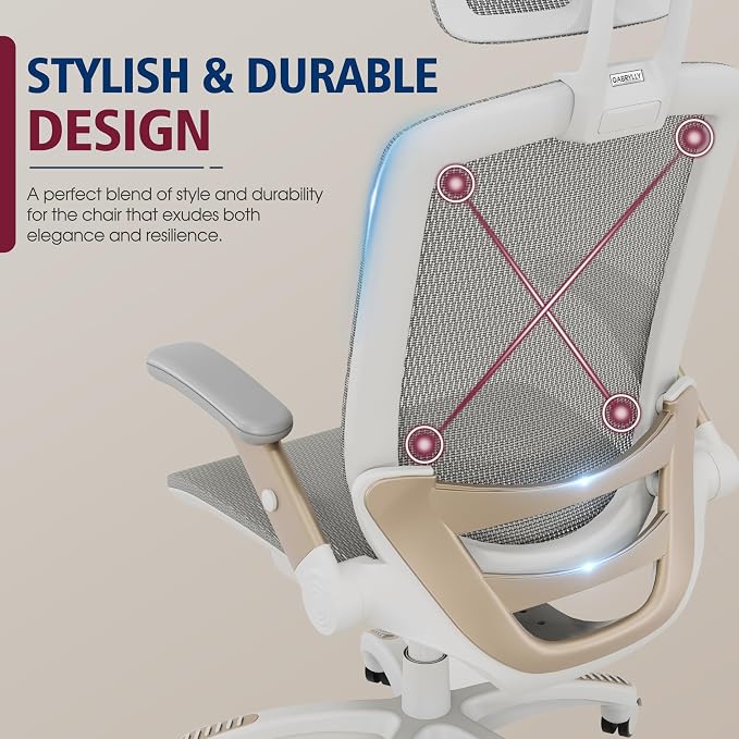 GABRYLLY Ergonomic Office Chair, High Back Home Desk Chair with Headrest, Flip-Up Arms, 90-120° Tilt Lock and Wide Cushion, Big and Tall Mesh Chairs for Man Woman, White Task Chair