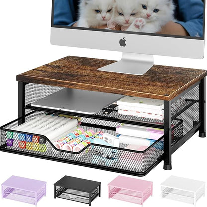 OPNICE Computer Monitor Stand Riser, Desk Organizer with Drawer, Printer & Laptop Stand, Office Desk Accessories & Workspace Desktop Organizers Storage for Office Supplies(Brown)