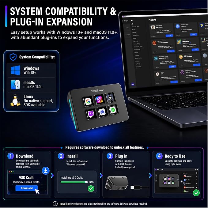Mini Stream Controller Deck, Gaming Streaming Macro Pad Keypad, Shortcut Keyboard with 6 Programmable LCD Keys, Customizable Icons & RGB Light, USB Soundboard for Video Editing, OBS, PC, Mac