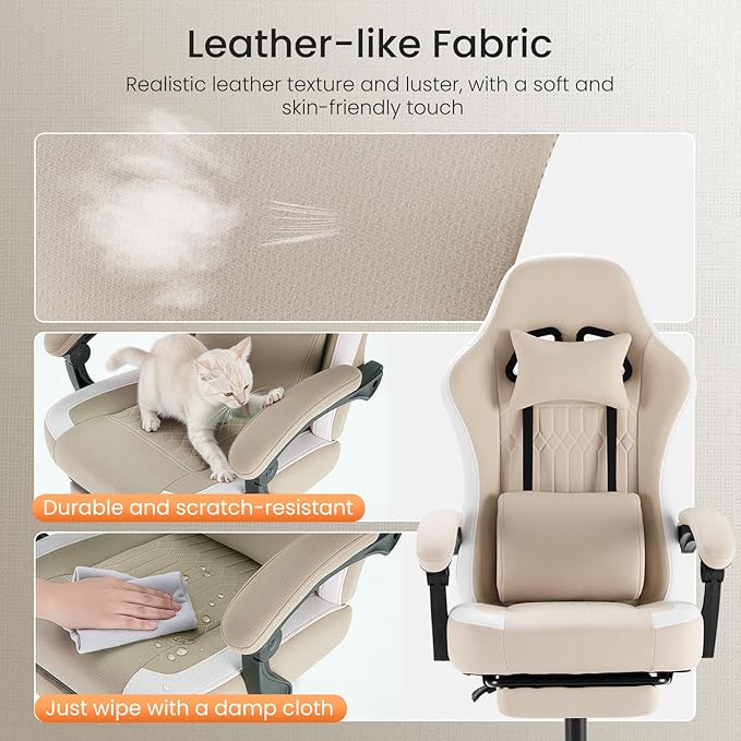 Sweetcrispy Computer Gaming Chair: High Back Ergonomic Desk Chair with Footrest and Lumbar Support, Height Adjustable with Linkage Armrests and Headrest, 360°Wheels, Fabric, Khaki
