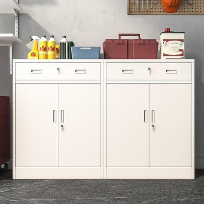 Wanfu Metal Storage Cabinet, Locking Cabinet with 1 Drawer and Adjustable Shelf, 36" H x 28" W x 16" D Steel Storage Cabinet for Office, Garage, Home-White