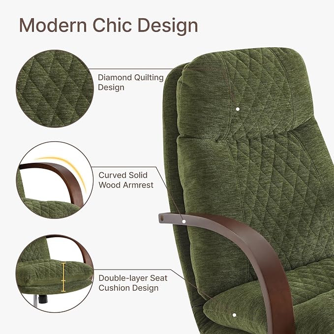 KISLOT Home Office Desk Chair, Ergonomic Office Chair with Lumbar Support, Adjustable Swivel Computer Chair with Wheels, Fabric Executive Task Chair with Wood Arms, Moss Green