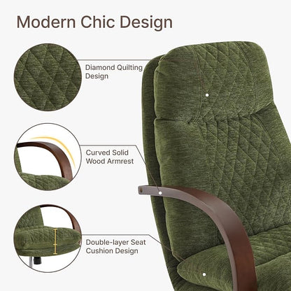 KISLOT Home Office Desk Chair, Ergonomic Office Chair with Lumbar Support, Adjustable Swivel Computer Chair with Wheels, Fabric Executive Task Chair with Wood Arms, Moss Green