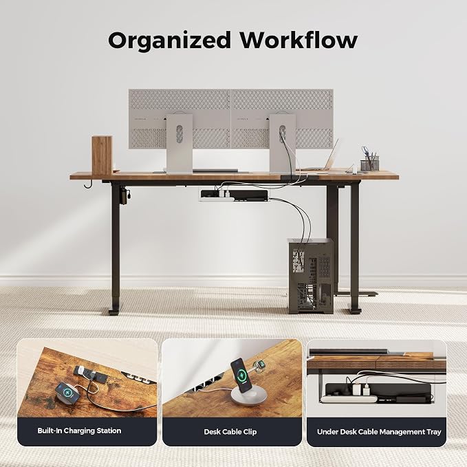 Agilestic Electric L Shaped Standing Desk 63 x 55 Inch with Power Outlet, Height Adjustable Corner Stand up Desk with Cable Management,Sit Stand Home Office Workstation with Splice Board, Rustic Brown