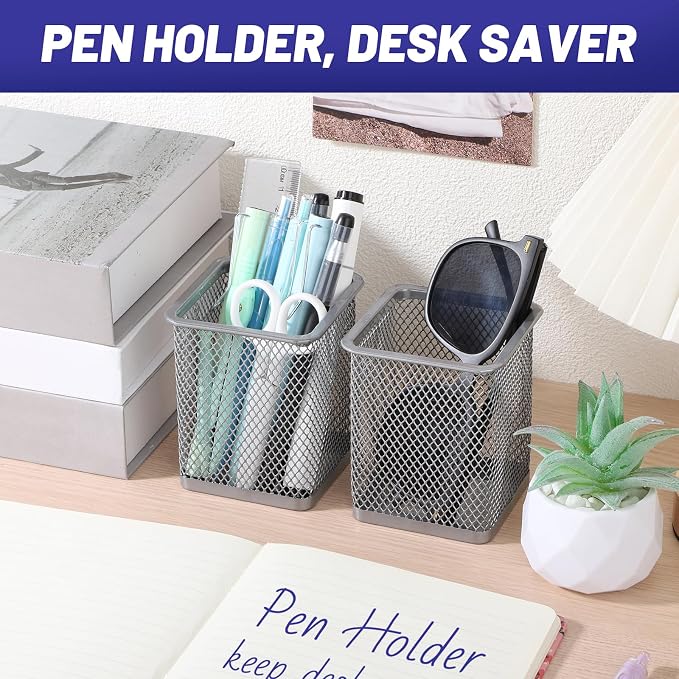Segarty Pen Cup Holder, 6 Pack Square Silver Pen Holder for Desk, Multifuntional Mesh Pencil Cups Containers for Marker, Office Supplies, School Students, Home Desktop, Brush Organizer