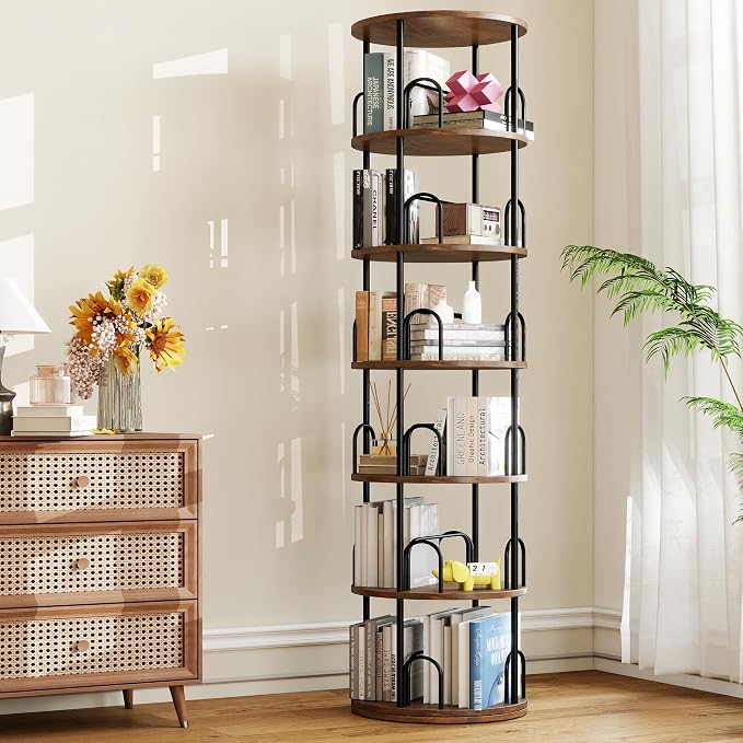 6 Tier Rotating Bookshelf Tower, Standing Tall Corner Wood, Black Metal Modern Book Shelf Organizer Retro Vintage Rustic Farmhouse Large Bookshelf Book Display Furniture for Your Home, Office, Kids