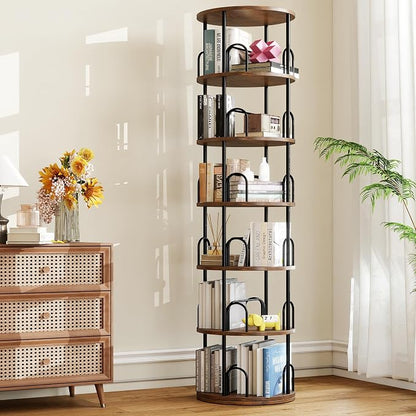 6 Tier Rotating Bookshelf Tower, Standing Tall Corner Wood, Black Metal Modern Book Shelf Organizer Retro Vintage Rustic Farmhouse Large Bookshelf Book Display Furniture for Your Home, Office, Kids