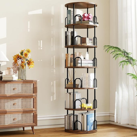 6 Tier Rotating Bookshelf Tower, Standing Tall Corner Wood, Black Metal Modern Book Shelf Organizer Retro Vintage Rustic Farmhouse Large Bookshelf Book Display Furniture for Your Home, Office, Kids