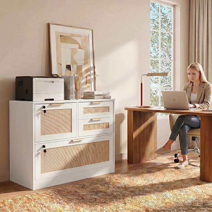 HOPUBUY 4 Drawer File Cabinet with Lock, Printer Stand Lateral Filing Cabinets for Home Office and School, Wood Rattan File Cabinet for Hanging Files/Letter/Legal/A4/F4 Size, White