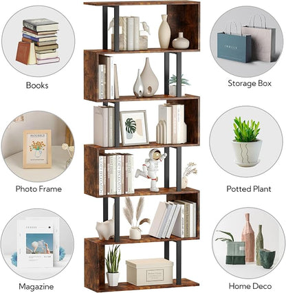 Yusong Geometric Bookcase, S Shaped Bookshelf 6-Tier Book Shelves for Bedroom, Modern Wood Decorative Display Shelf Tall Book Case for Home Office, Bown and Black