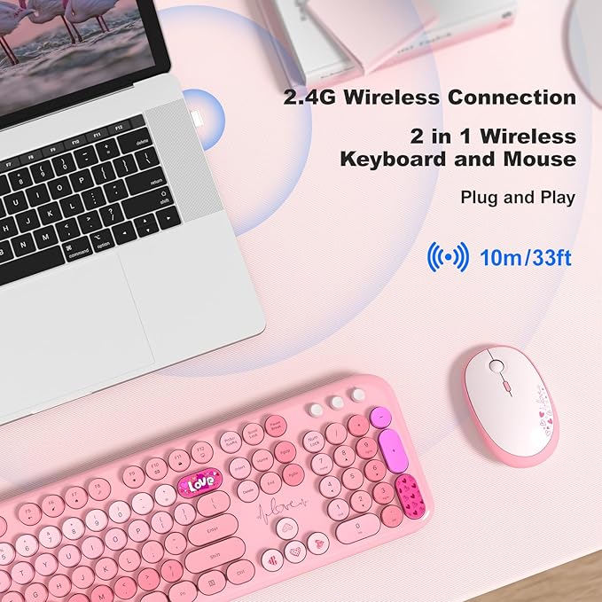 MOFII Wireless Keyboard and Mouse Combo, Cute Retro Typewriter Keyboard and Silent Mouse, 2.4GHz Full Size Computer Keyboard Wireless Mouse Set for PC, Laptop, Desktop, Windows (Pink Colorful)