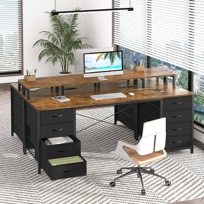 YOMILUVE 60 Inch Computer Desk with 8 Fabric Drawers, Gaming Desk with LED Lights & Power Outlets, Home Office Desk with Monitor Stand, Rustic Brown
