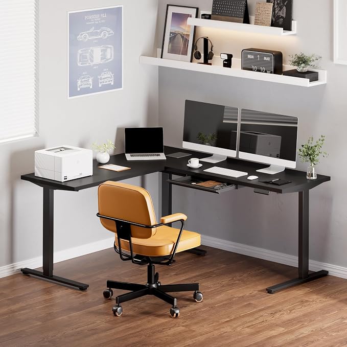 SANODESK L Shaped Electric Standing Desk with Drawer, 71 Inch Ergonomic Adjustable Height Desk with Storage, Corner Desk Sit Stand up Computer Table for Work Office Home, Black