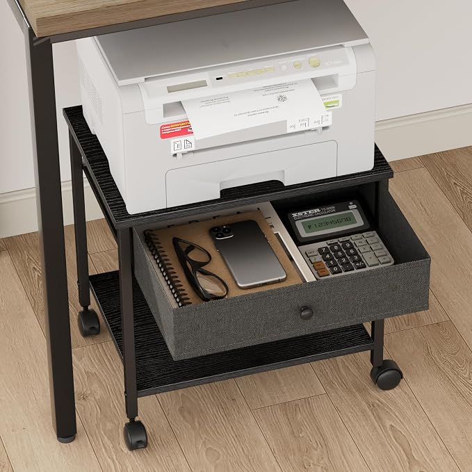 Homleke 2-Tier Under Desk Printer Stand with Drawer, Mobile Printer Table with Lockable Wheels, Heavy Duty Metal Frame & Wood Shelf, Fits Printers/Scanners/Fax Machines – Black, 15.7" Lx11.8 Wx15.7 H
