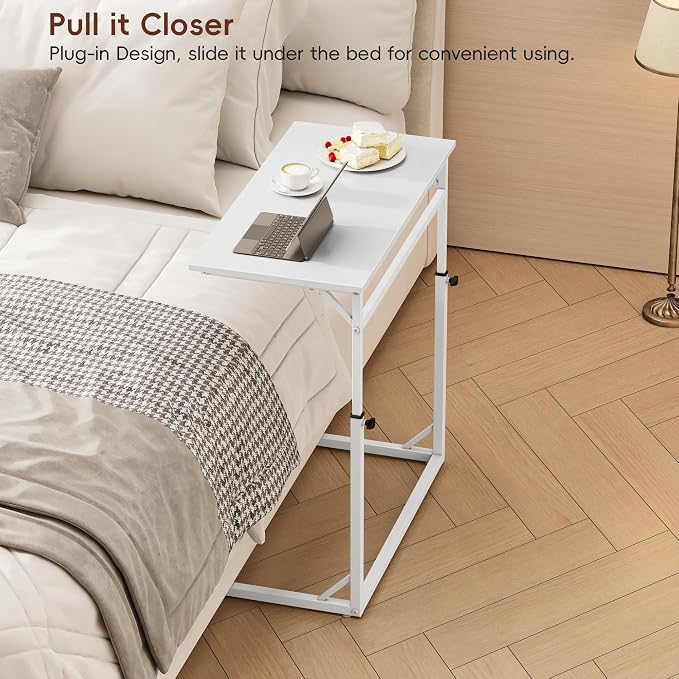 Vagusicc C Shaped End Table, Tall Side Table for Couch, C-Table End Table Adjustable Height Side Table, Large Surface Sofa Table TV Tray, Slide Under Couch Table for Sofa, Living Room, Bedroom, White