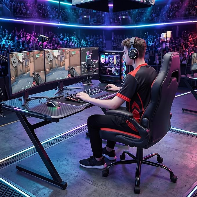 Sweetcrispy Computer Gaming Chair: PU Leather Ergonomic Lumbar Support with Flip-up Armrest and 360° Swivel Wheels, Height Adjustable Task Home Office Desk Video Racing, Red